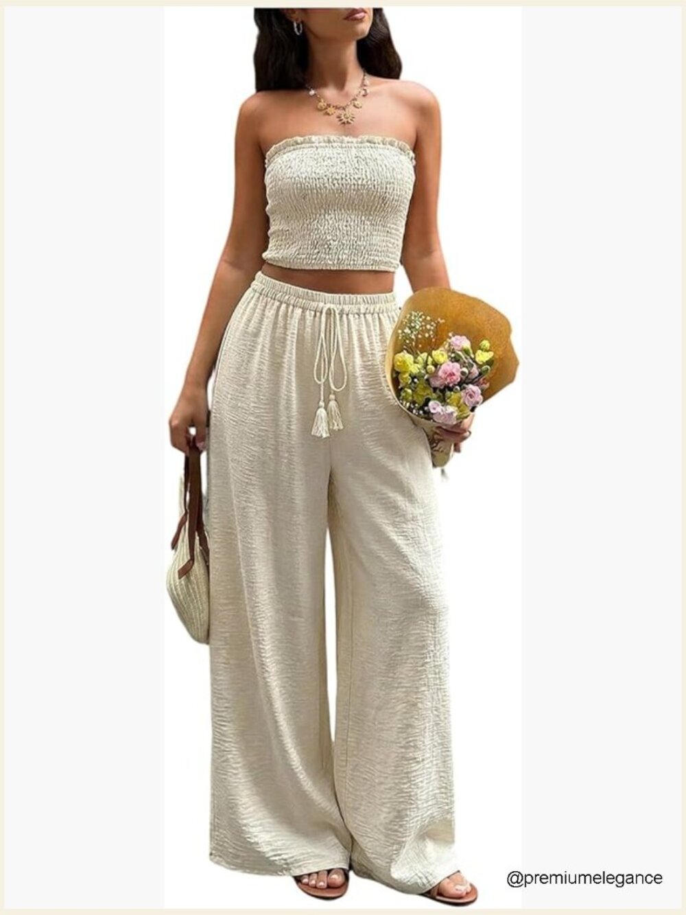 2 Piece Pants Set Smocked Tube Top Wide Leg Pants Vacation Outfit